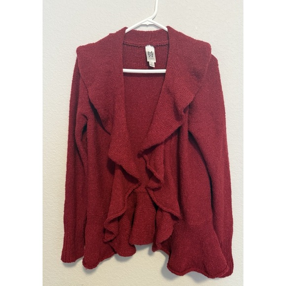MM‎ Vintage Inspired Ruffle Open Front Cardigan Sweater Burgundy - Picture 1 of 4